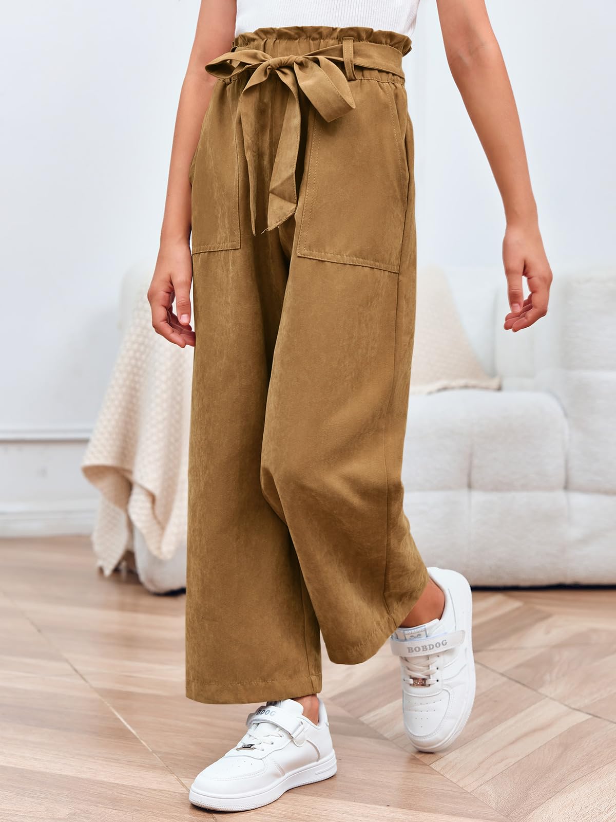 Haloumoning Mädchen Weite Hose Palazzo Hohe Taille Mode Bootcut Elastische Paperbag Freizeithose mit Gürtel