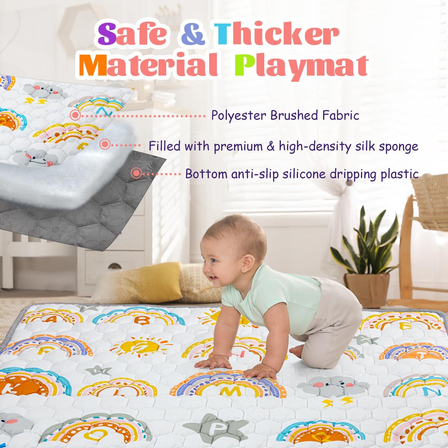 Funsland crawling carpet for babies, non-slip baby play mat, non-toxic 127x127cm, cotton animal crawling mat for babies, foldable with a height ruler, children's play mat for indoors/outdoors/fences 