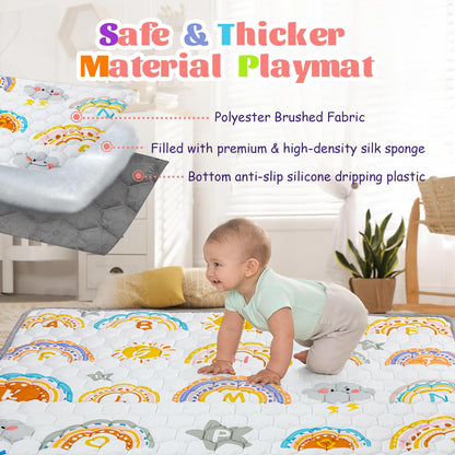 Funsland Krabbelteppich für Baby, Rutschfeste Baby Spielmatte Schadstofffrei 127x127cm, Baumwolle Tier Krabbelmatte Baby Faltbar mit Einem Höhenlineal, Kinder Spielmatte für Innen/Außen/Zaun