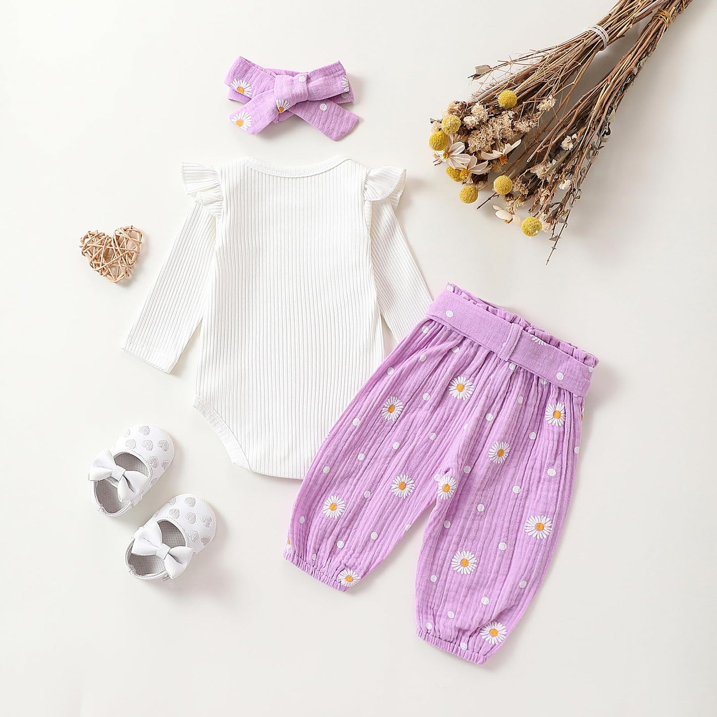 Geagodelia Baby Girl Clothes Baby Clothing Outfit Set Long Sleeve Bodysuit Romper + Daisy Pants + Headband Newborn Soft Baby Set 