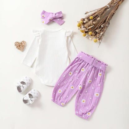 Geagodelia Baby Mädchen Kleidung Babykleidung Outfit Set Langarm Body Strampler + Gänseblümchen Hose + Stirnband Neugeborene Weiche Babyset