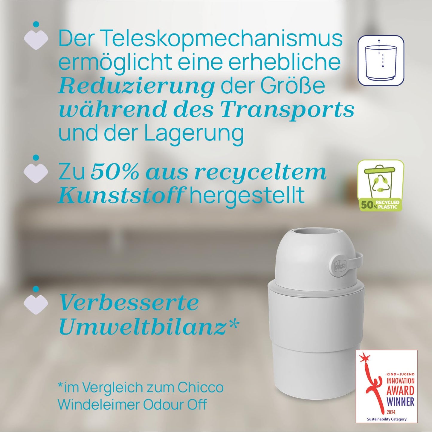 Chicco Windeleimer Odour Off, geruchsdichtes System, platzsparender Baby Windeleimer mit Deckel, einfach zu benutzen und zu reinigen, Ohne Nachfüllkassetten, funktioniert mit herkömmlichen Tüten
