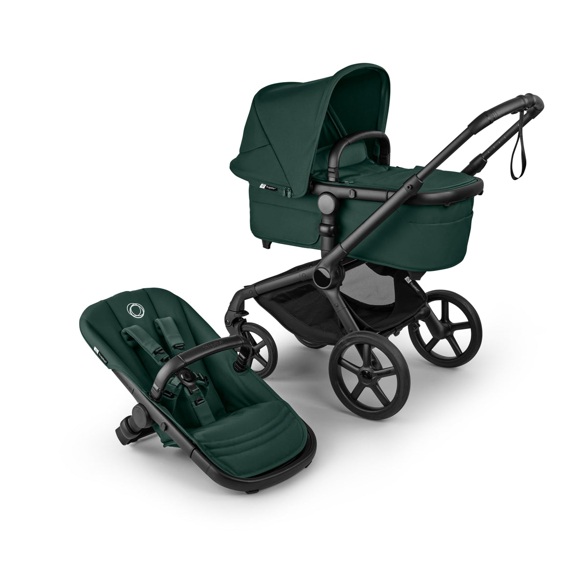 Bugaboo Fox 5 Renew, 2-in-1 Kinderwagen für jedes Gelände, mit Liegewanne | ausziehbarer Kleinkindsitz, praktische Ein-Hand Faltung, Fahrgestell in Schwarz und Sonnendach in Forest Green ab Lager