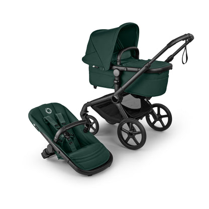 Bugaboo Fox 5 Renew, 2-in-1 Kinderwagen für jedes Gelände, mit Liegewanne | ausziehbarer Kleinkindsitz, praktische Ein-Hand Faltung, Fahrgestell in Schwarz und Sonnendach in Forest Green ab Lager