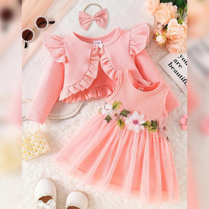 Baby Mädchen Kleid Strickjacke Sets 3 Stück Neugeborene Kleidung Jäckchen + Kleid + Stirnband Frühling Sommer Herbst Winter Langarm Jacke Ärmelloses Kleid für Hochzeit Weihnachten