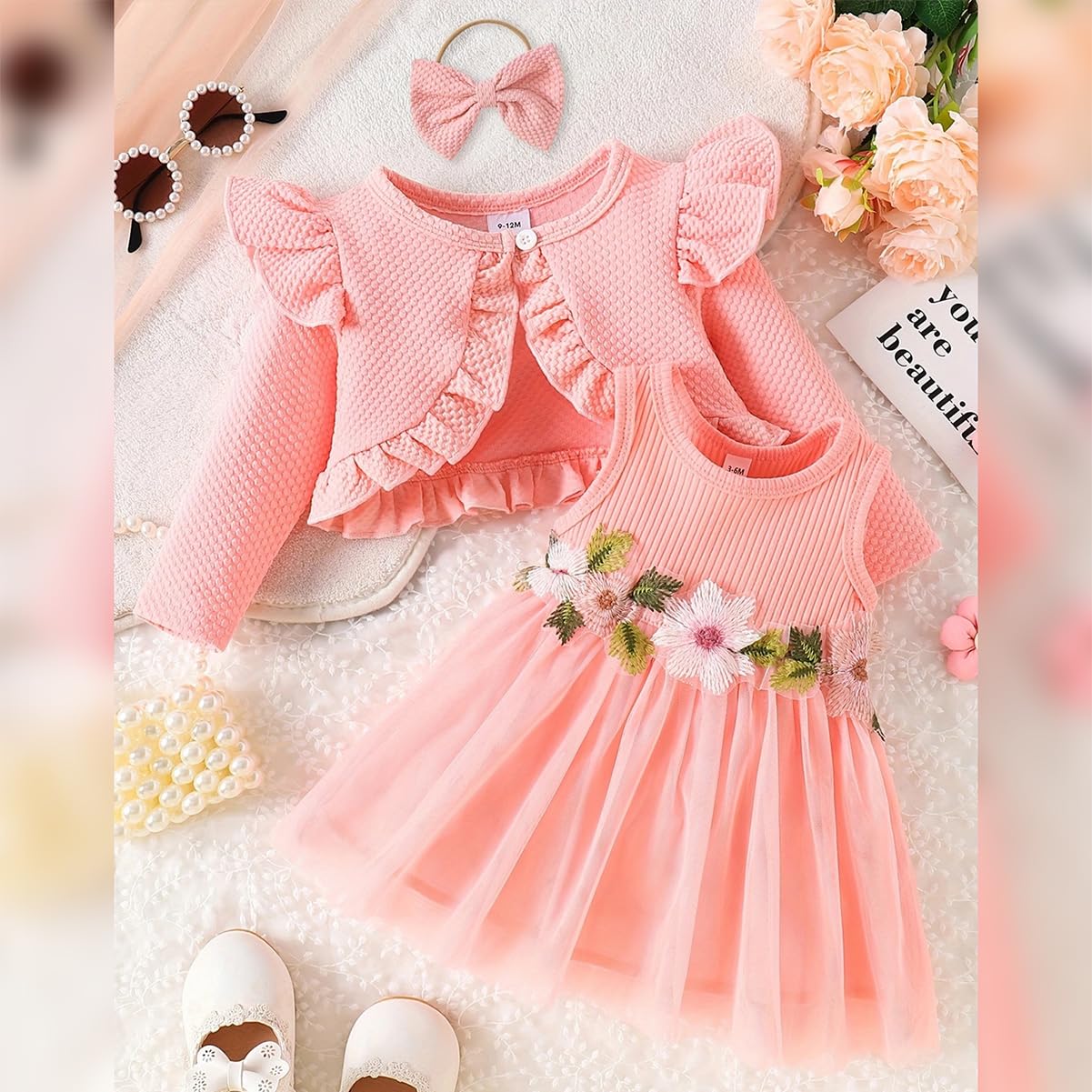 Baby Mädchen Kleid Strickjacke Sets 3 Stück Neugeborene Kleidung Jäckchen + Kleid + Stirnband Frühling Sommer Herbst Winter Langarm Jacke Ärmelloses Kleid für Hochzeit Weihnachten
