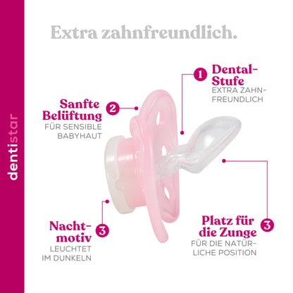 dentistar Night Silikon Schnuller 3er-Set - Größe 1 Schnuller 0-6 Monate - Glow in the Dark Nuckel mit Dentalstufe – BPA-frei – Made in Germany - Katze, Rosa - Meloni2