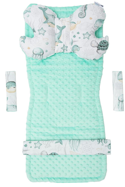 Sitzauflage Kinderwagen Buggy Baby Sommer Kindersitz Einlage Universal - 5tgl Gurtpolster + Spielbogen Kinderwagenset Babyschale (Safari mit beige Minky)