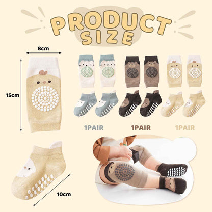 3 Paar Baby Knieschoner und 3 Paar Baby Socken Baby Krabbeln set, Anti Rutsch mit Gummipunkte Krabbelschoner Stulpen Knieschützer für Kleinkinder 0-12 Monate