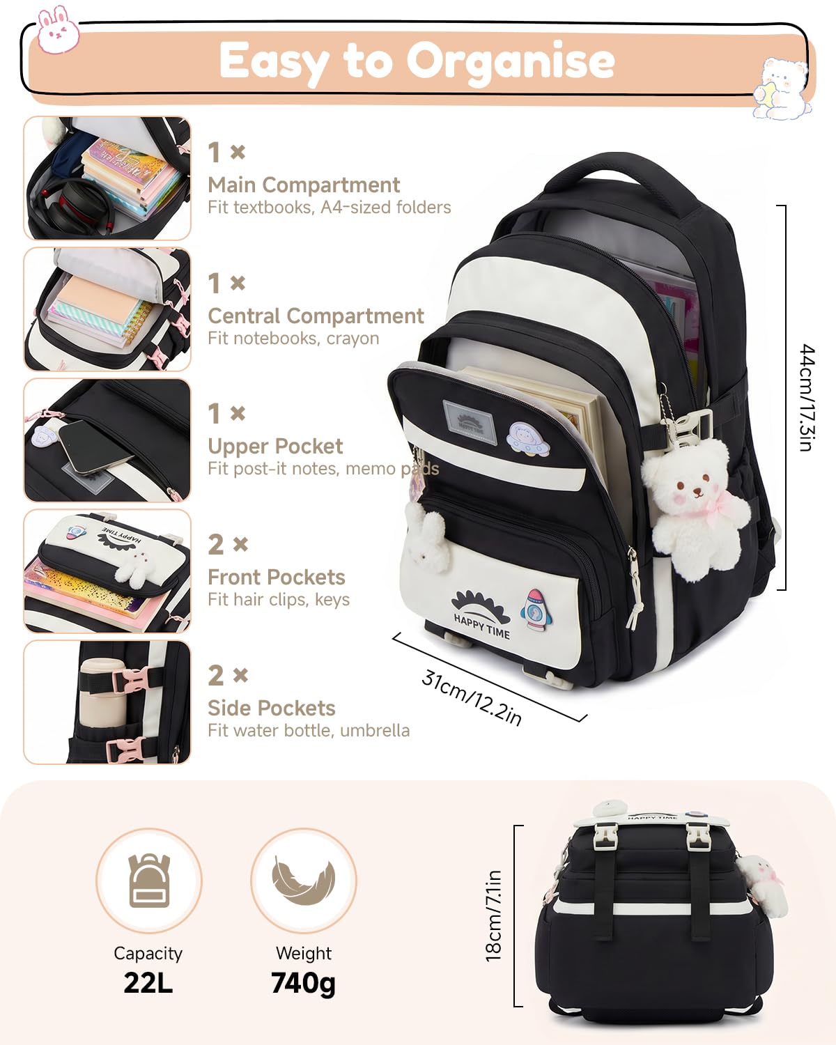 Tanou Schultasche Mädchen, Wasserabweisender Nylon Kinder Schulranzen, 20L | Leichter Schulrucksack für Mädchen der 2. bis 5. Klasse, Rucksack Schule mit Anhänger, Blau