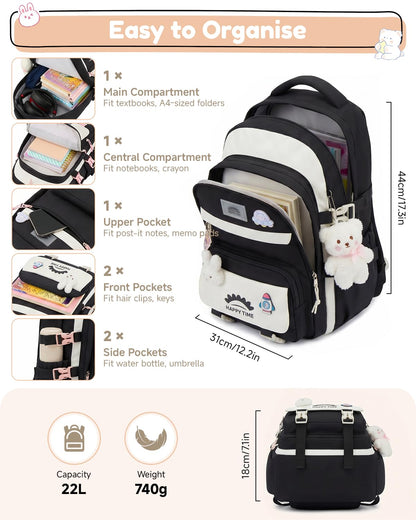 Tanou Schultasche Mädchen, Wasserabweisender Nylon Kinder Schulranzen, 20L | Leichter Schulrucksack für Mädchen der 2. bis 5. Klasse, Rucksack Schule mit Anhänger, Blau