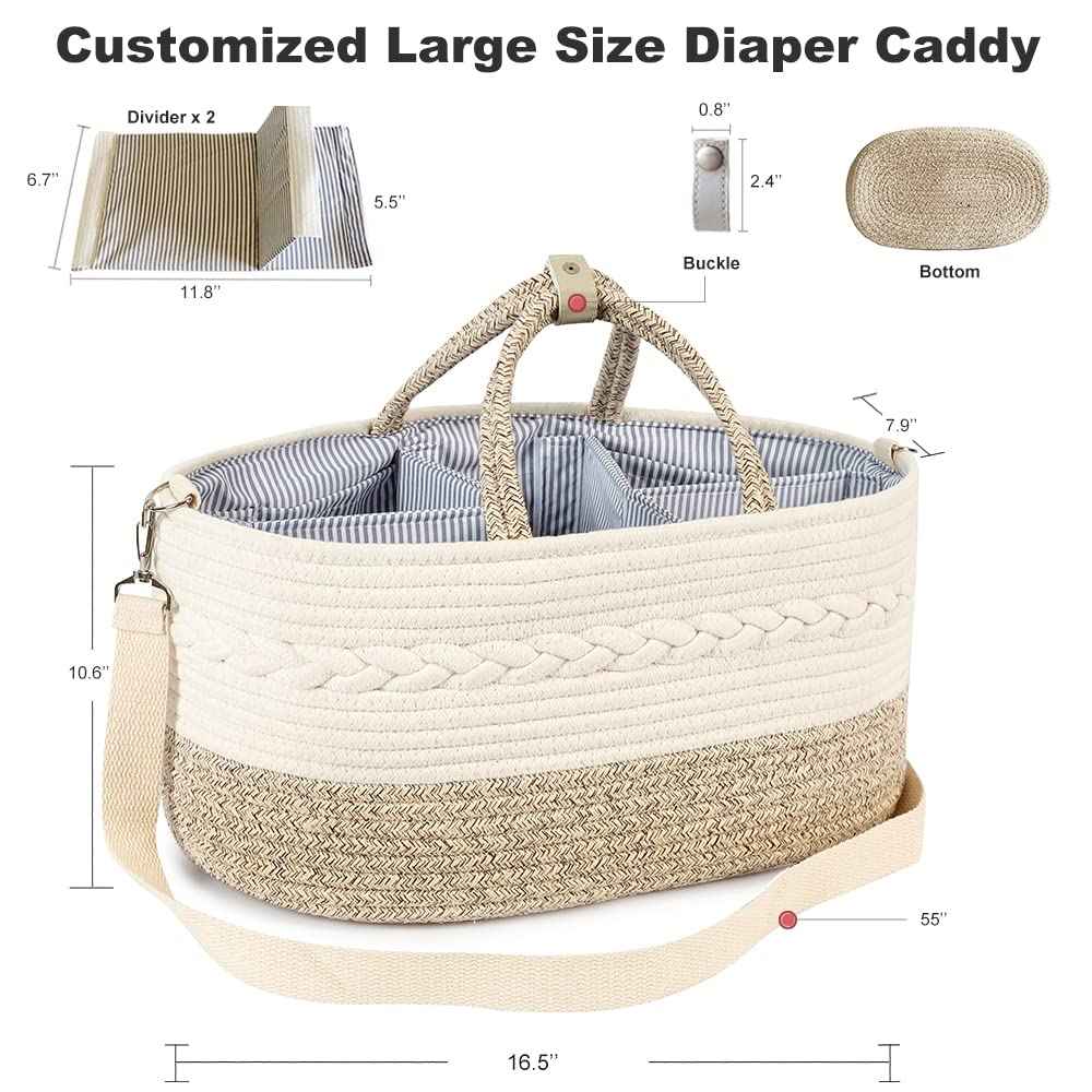 Baby Nappy Caddy Organiser, Multifunctional Storage Box for Nappies, with Interchangeable Compartments, 100% Cotton Linen, Portable Storage Basket for Nappies, Baby Shower Gift