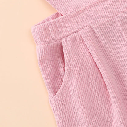 Baby Mädchen Sommer Outfits Rüschen Kurzarm Ripptop+ Blumen/Herzmuster Overalls Shorts Mit Tasche Süßes 2-Teiliges Kleidungsset