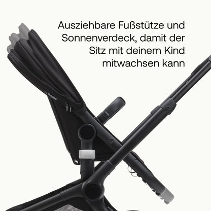 Bugaboo Fox 5, 2-in-1 Kinderwagen für jedes Gelände, mit Liegewanne und ausziehbarem Kleinkindsitz, einfach zu manövrieren und Ein-Hand Faltung, Fahrgestell in Schwarz und Sonnendach in Forest Green