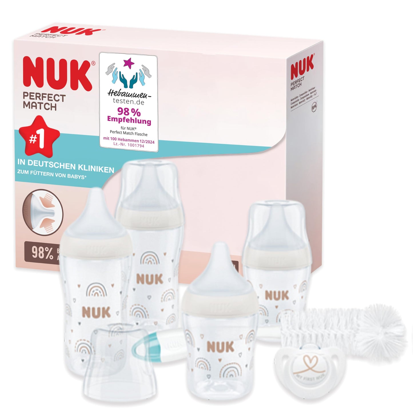 NUK Perfect Match Perfect Start Babyflaschenset | Ab 0 Monate | Passt sich dem Baby an | 4 Anti-Colic-Babyflaschen, Schnuller, Flaschenbürste und mehr | BPA-frei | 7 Stück