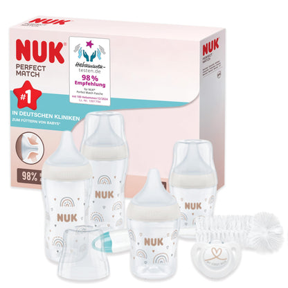 NUK Perfect Match Perfect Start Babyflaschenset | Ab 0 Monate | Passt sich dem Baby an | 4 Anti-Colic-Babyflaschen, Schnuller, Flaschenbürste und mehr | BPA-frei | 7 Stück