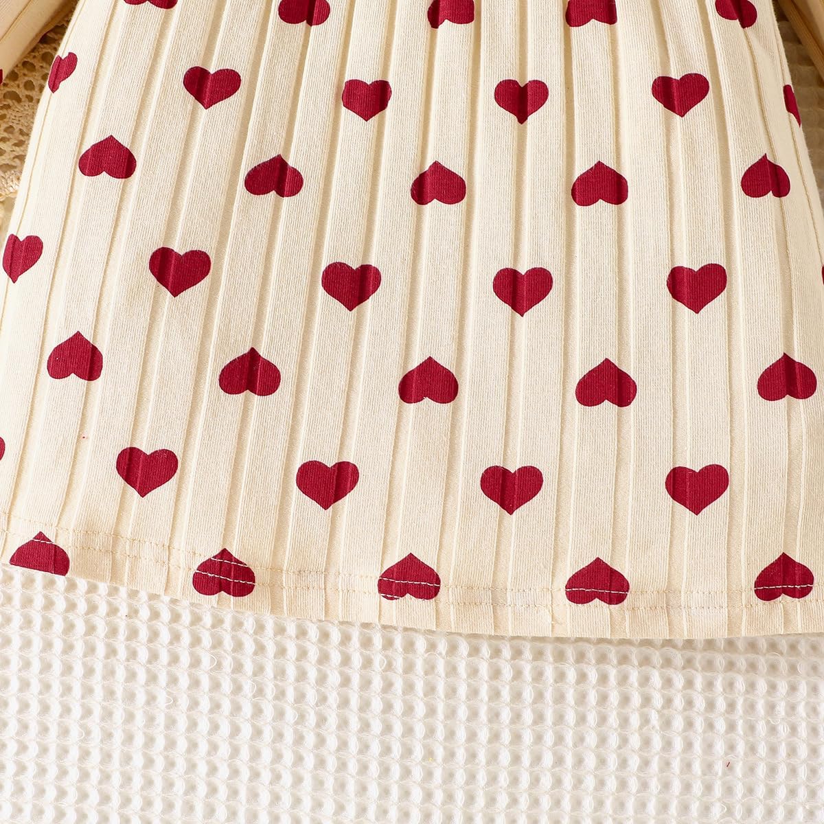 Neugeborenes Mädchen Erdbeerkleid Valentinstag Outfit Langarm Rippstrick Kleid mit Herzchenprint mit Stirnband und Söckchen Bekleidungsset