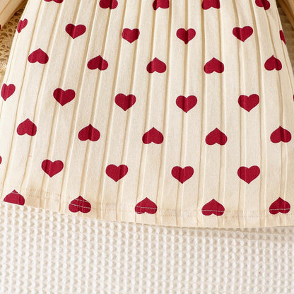 Neugeborenes Mädchen Erdbeerkleid Valentinstag Outfit Langarm Rippstrick Kleid mit Herzchenprint mit Stirnband und Söckchen Bekleidungsset