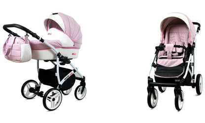 BabyLux® Bambimo Kinderwagen Set 3 in 1 - White Lux - incl. Babywanne, Buggy Sportsitz, Auto-Babyschale - Autositz - Kinderwagenset - Kombikinderwagen mit Wickeltasche, Regenschutz usw.
