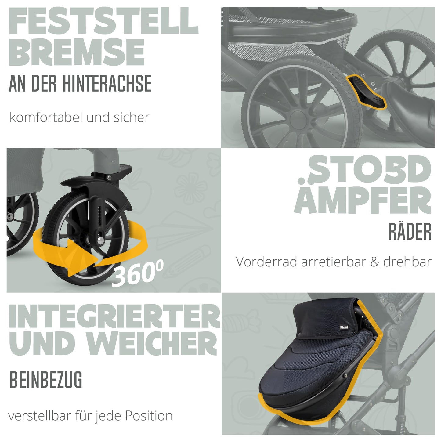 Pixini Neyla Combi Pushchair with Accessories (3-in-1 Set with Baby Seat Black/Black)