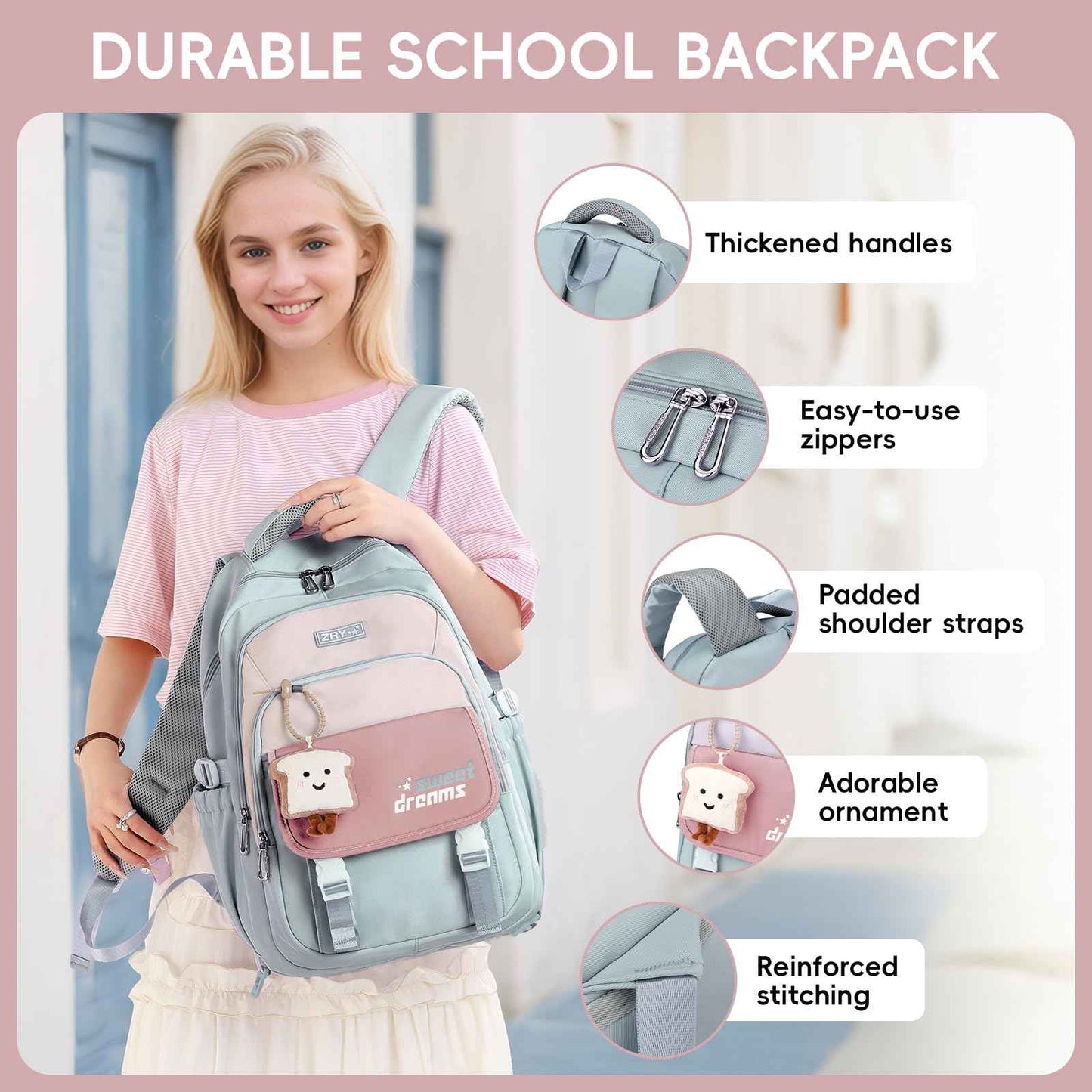 School Backpack Teenager - 36L School Bag for Girls from 5th Grade, Large Backpack for Middle and High School, Casual Children's Backpack with Cute Pendant and Trolley Strap, black, Rucksack