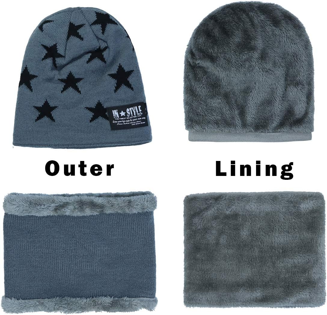 Momoon Thick Beanie Hat + Scarf Set Winter Warm Snow Knit Skull Cap for Children Boys Girls (Suitable for 6-14 Years) -