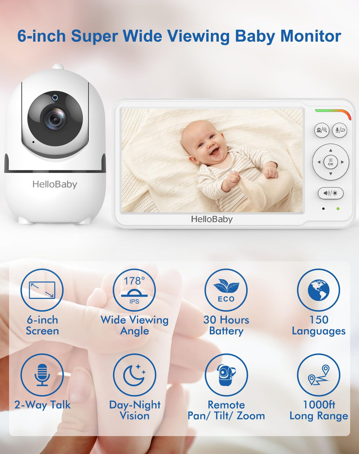 HelloBaby Babyphone mit Kamera, Kein WLAN, 5" IPS, HB6550, 3500 mAh | 355° Schwenken-120° Neige-Zoomen, Babyfone ohne WLAN, 2 Wege Audio, Temperatur, 8 Schlaflieder, Nachtsicht, Kabel-Kamera