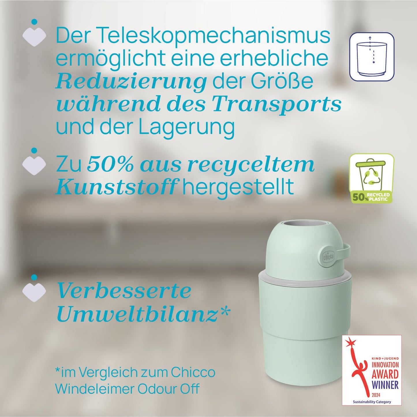 Chicco Windeleimer Odour Off, geruchsdichtes System, platzsparender Baby Windeleimer mit Deckel, einfach zu benutzen und zu reinigen, Ohne Nachfüllkassetten, funktioniert mit herkömmlichen Tüten