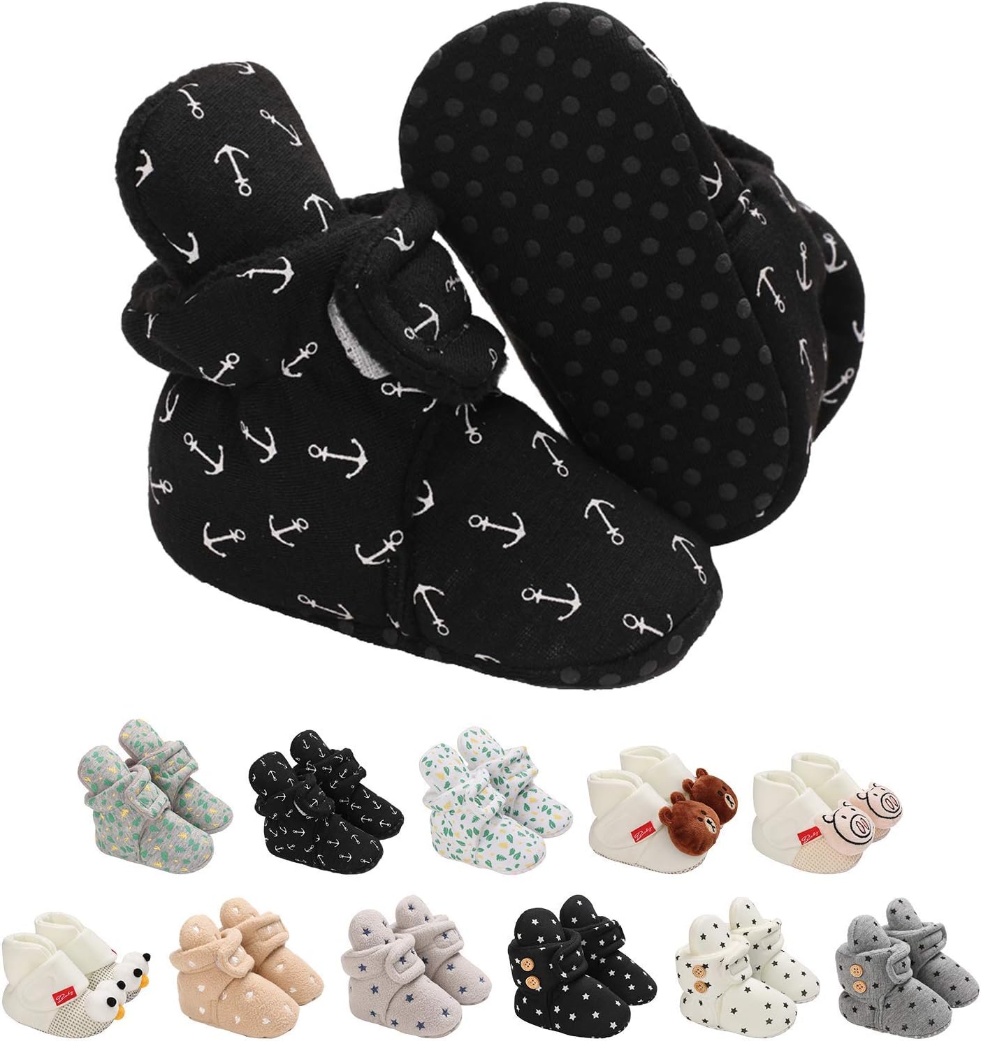EDOTON Unisex-Baby Neugeborenes Fleece Booties, Baby Jungen Mädchen Weiche Sohlen Streifen Bootie Kleinkind Stiefel Niedlich Stiefel Socke Einstellbar
