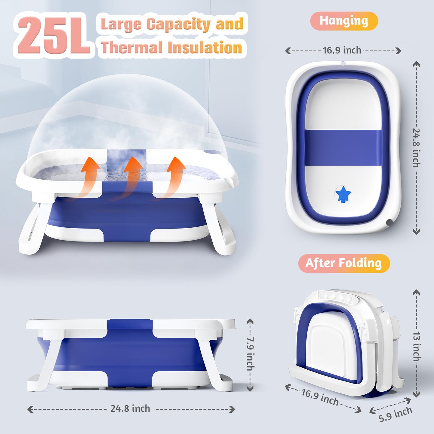 Rabb 1st Baby Badewanne Faltbare, Baby Bathtub Babywanne Faltbar Babybadewanne Tragbare Wanne für Neugeborene Kleinkinder mit Rutschfester Matte und Abflussloch (Kein Thermometer) (Grau)