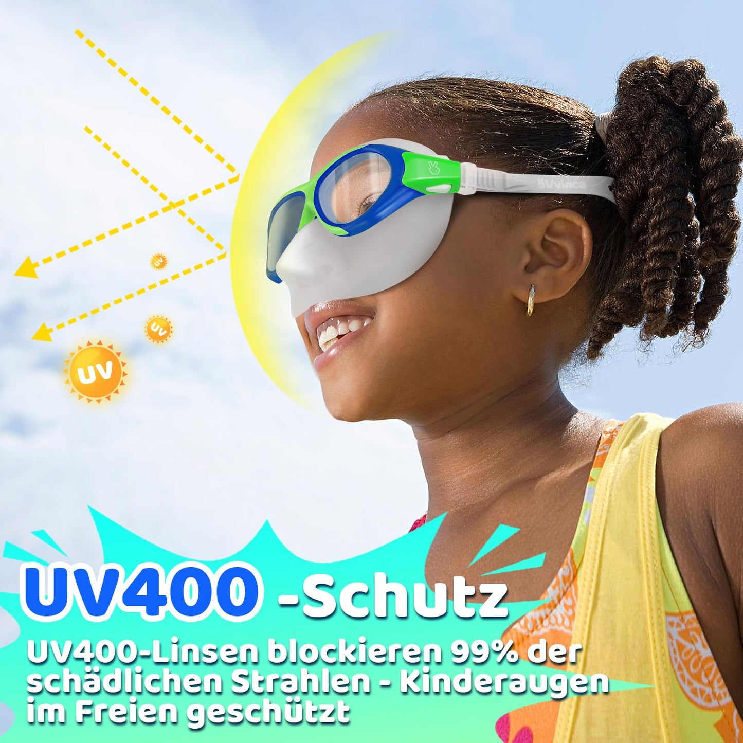 Vvinca Swimming Goggles for Kids with Nose Guard and Fabric Strap, Shatterproof, Anti-Fog and Waterproof for Children 3-14 Years