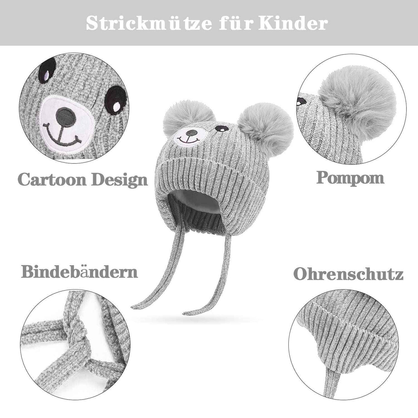 KEELYY Baby Mütze Beanie Strickmütze Herbst Wintermütze Süßer Hut mit Earflap und Bindebändern Warm Hat für Jungen Mädchen