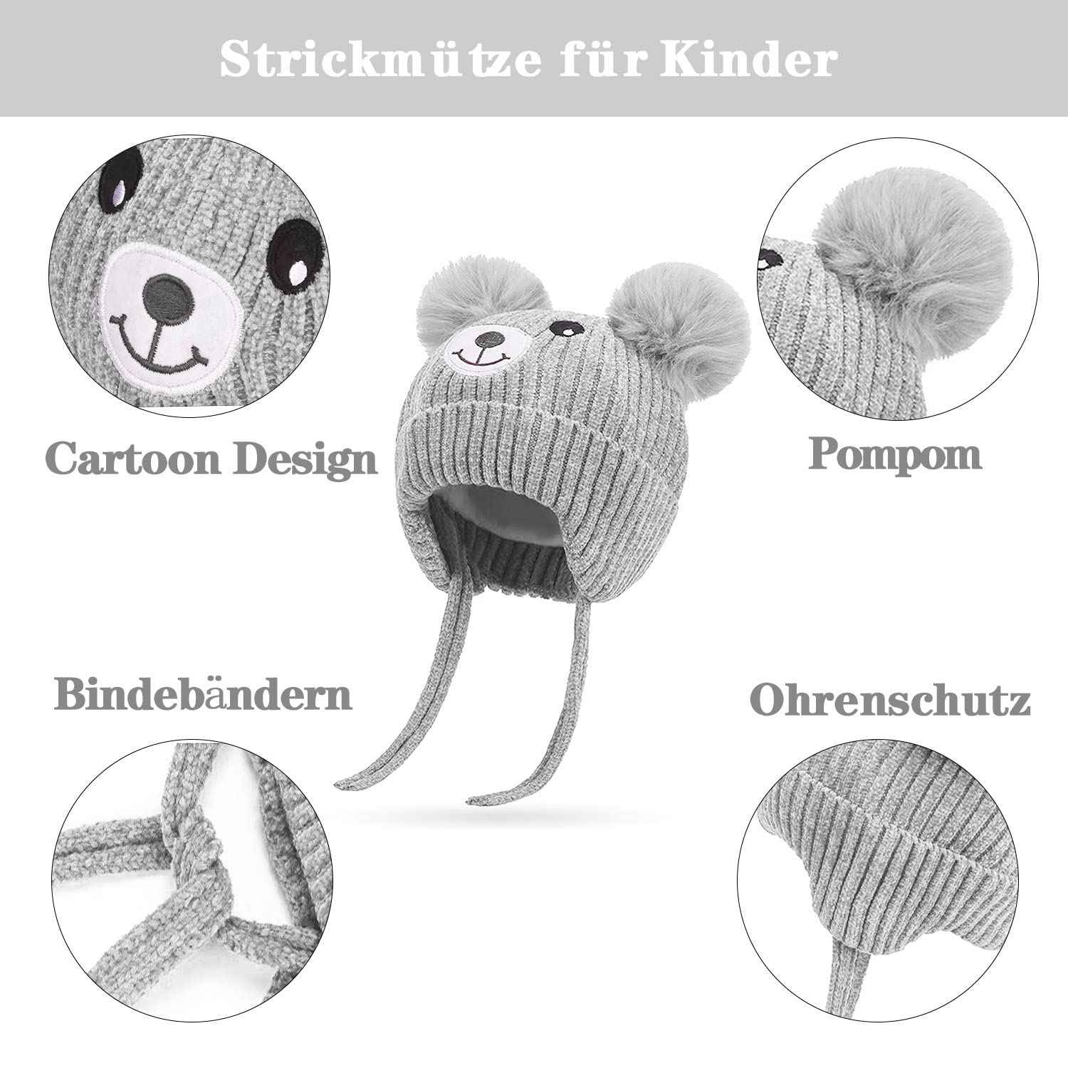 KEELYY Baby Mütze Beanie Strickmütze Herbst Wintermütze Süßer Hut mit Earflap und Bindebändern Warm Hat für Jungen Mädchen