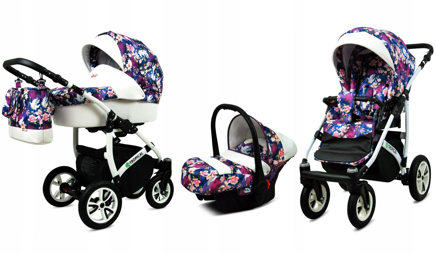 BabyLux® Bambimo Pushchair Set 3 in 1 - Tropical - incl. Baby Carrycot, Buggy Sports Seat, Car Seat - Pram Set - Combination Pram with Changing Bag, Rain Cover etc.