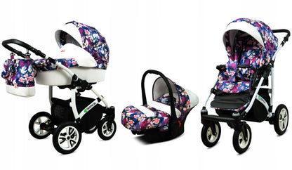 BabyLux® Bambimo Pushchair Set 3 in 1 - Tropical - incl. Baby Carrycot, Buggy Sports Seat, Car Seat - Pram Set - Combination Pram with Changing Bag, Rain Cover etc.