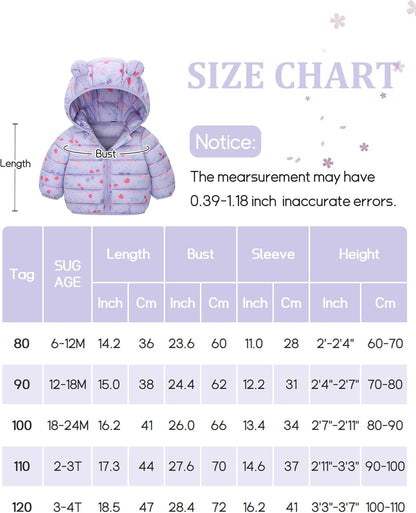 Happy Cherry Winter Jacket Baby Boys Girls Winter Coat with Hood Quilted Jacket Warm Lightweight Down Jacket Winter Cute Printed Outerwear 