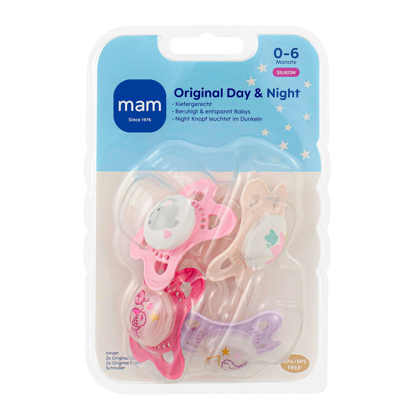 MAM Original Schnuller im 2er-Set, zahnfreundlicher Baby aus nachhaltigen & bio-erneuerbaren Materialien, Sauger aus SkinSoft Silikon, mit Schnullerbox, 0-6 Monate, Fisch/Seerose - Meloni2