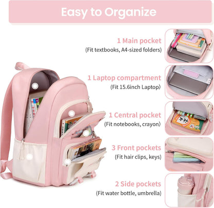 Tanou Schulrucksack Mädchen Schulranzen Kinder der 3.-7. Klasse, Rosa | Große Kapazität Schulrucksack Teenager, Leichter Nylon Mädchen Schultasche für Schule Reisen