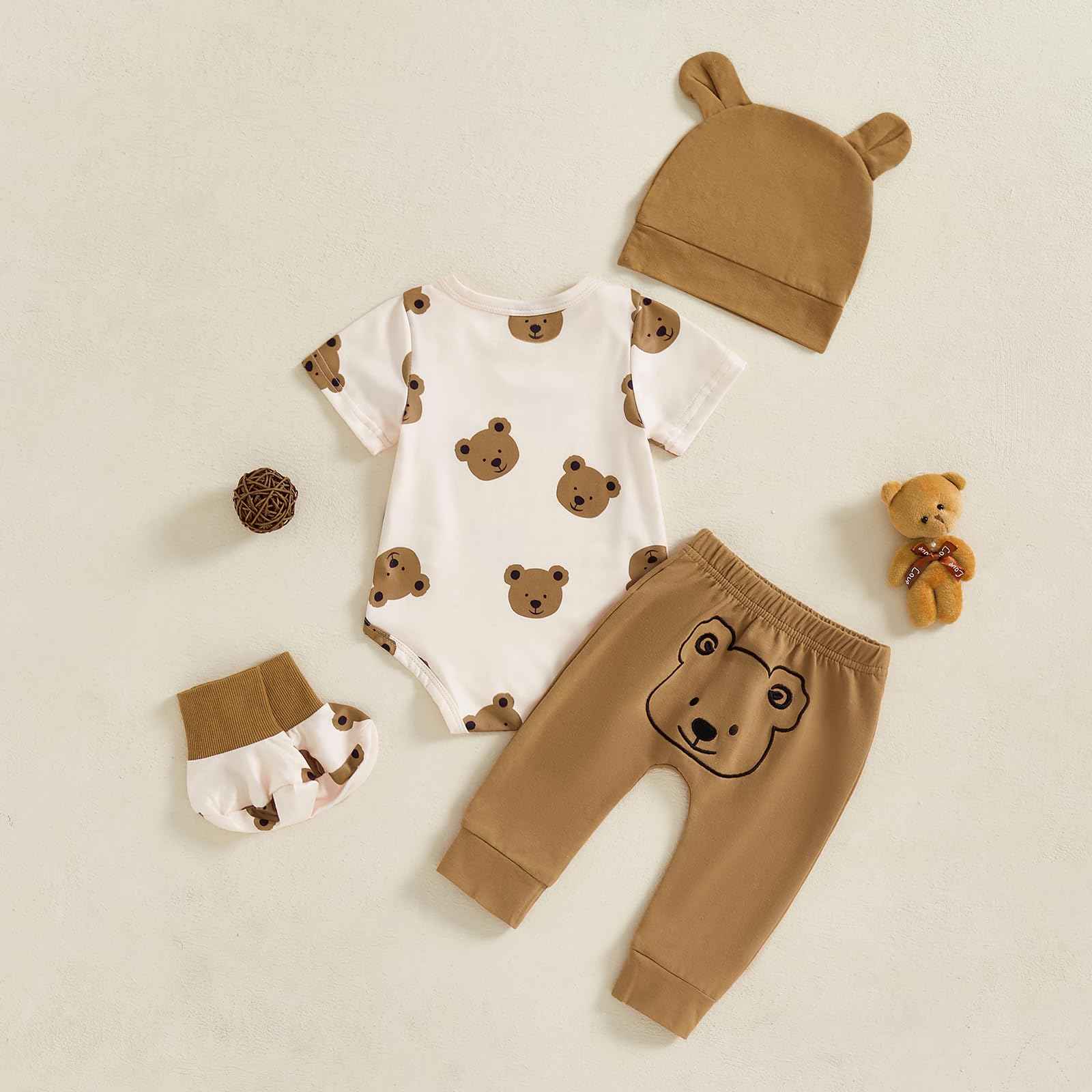 Newborn Baby Bear Print Romper Short Sleeve Long Pants Hat Shoes Set of 4