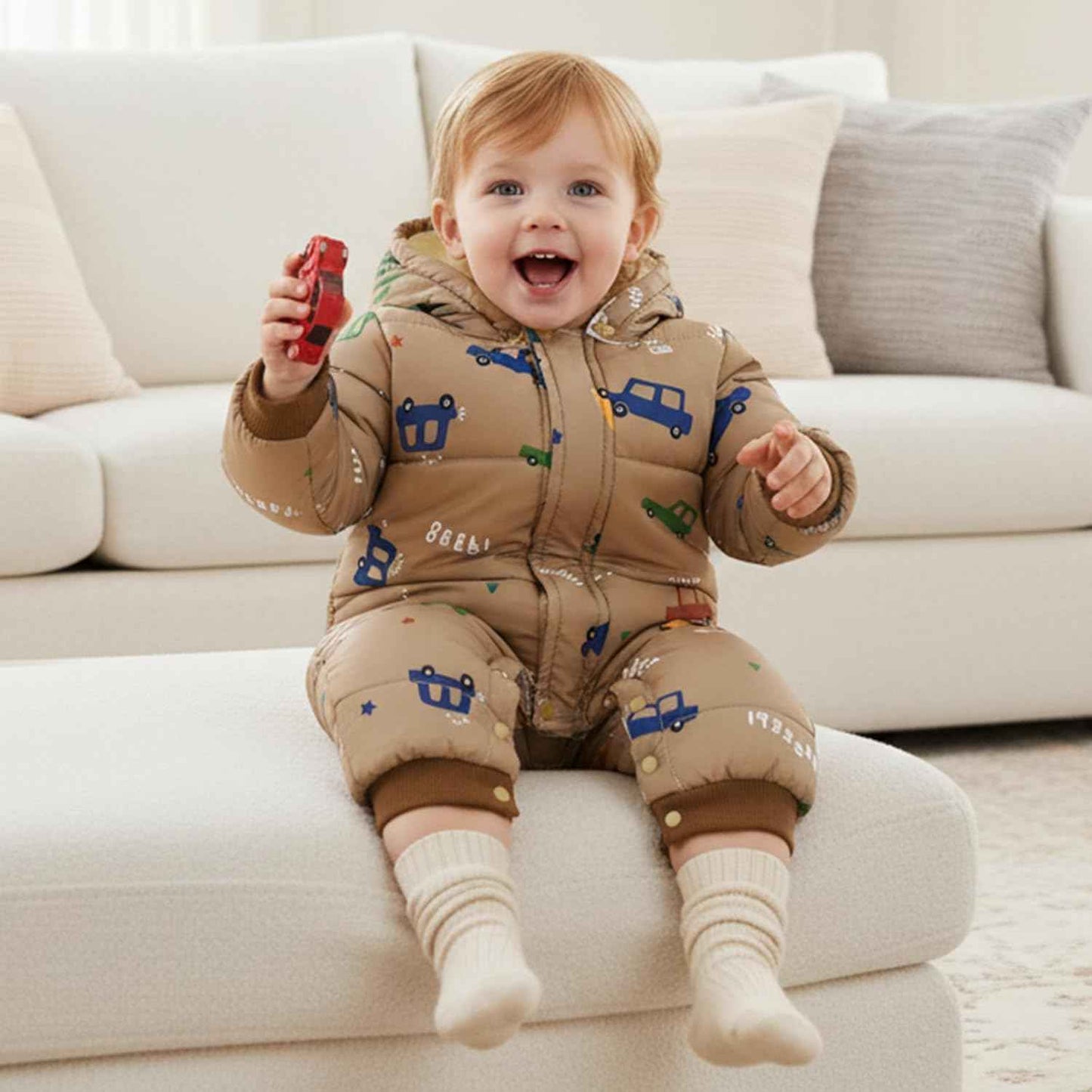 JiAmy Baby Snowsuit, Toddler Winter Romper Girls Boys Winter Jumpsuit with Hood Long Sleeve Jumpsuit Cute Prints for 3-24 Months