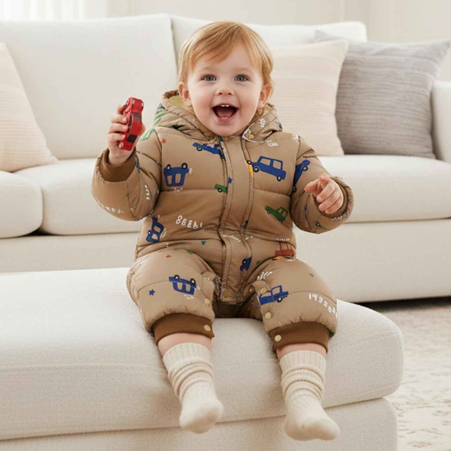 JiAmy Baby Snowsuit, Toddler Winter Romper Girls Boys Winter Jumpsuit with Hood Long Sleeve Jumpsuit Cute Prints for 3-24 Months