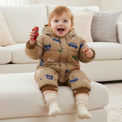 JiAmy Baby Snowsuit, Toddler Winter Romper Girls Boys Winter Jumpsuit with Hood Long Sleeve Jumpsuit Cute Prints for 3-24 Months