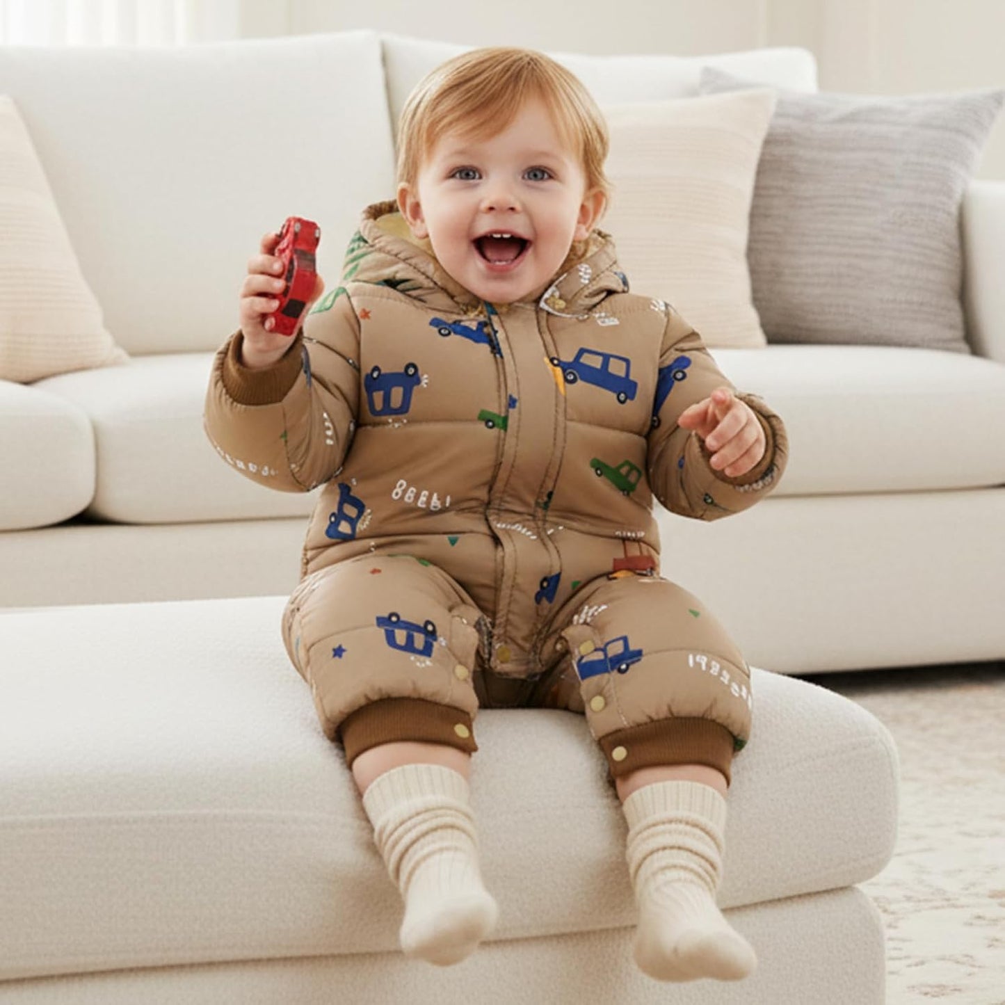 JiAmy Baby Snowsuit, Toddler Winter Romper Girls Boys Winter Jumpsuit with Hood Long Sleeve Jumpsuit Cute Prints for 3-24 Months