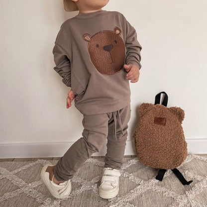 Carolilly Baby Suit 2-Piece Clothing Outfit Baby Clothing Set Cute Long Sleeve Sweatshirt Embroidered Bear + Long Trousers Warm Children's Suit Autumn Spring