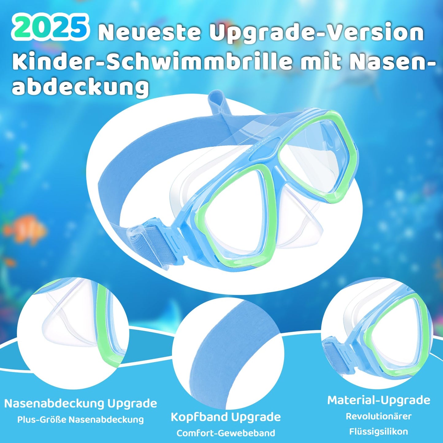 Vvinca Swimming Goggles for Kids with Nose Guard and Fabric Strap, Shatterproof, Anti-Fog and Waterproof for Children 3-14 Years