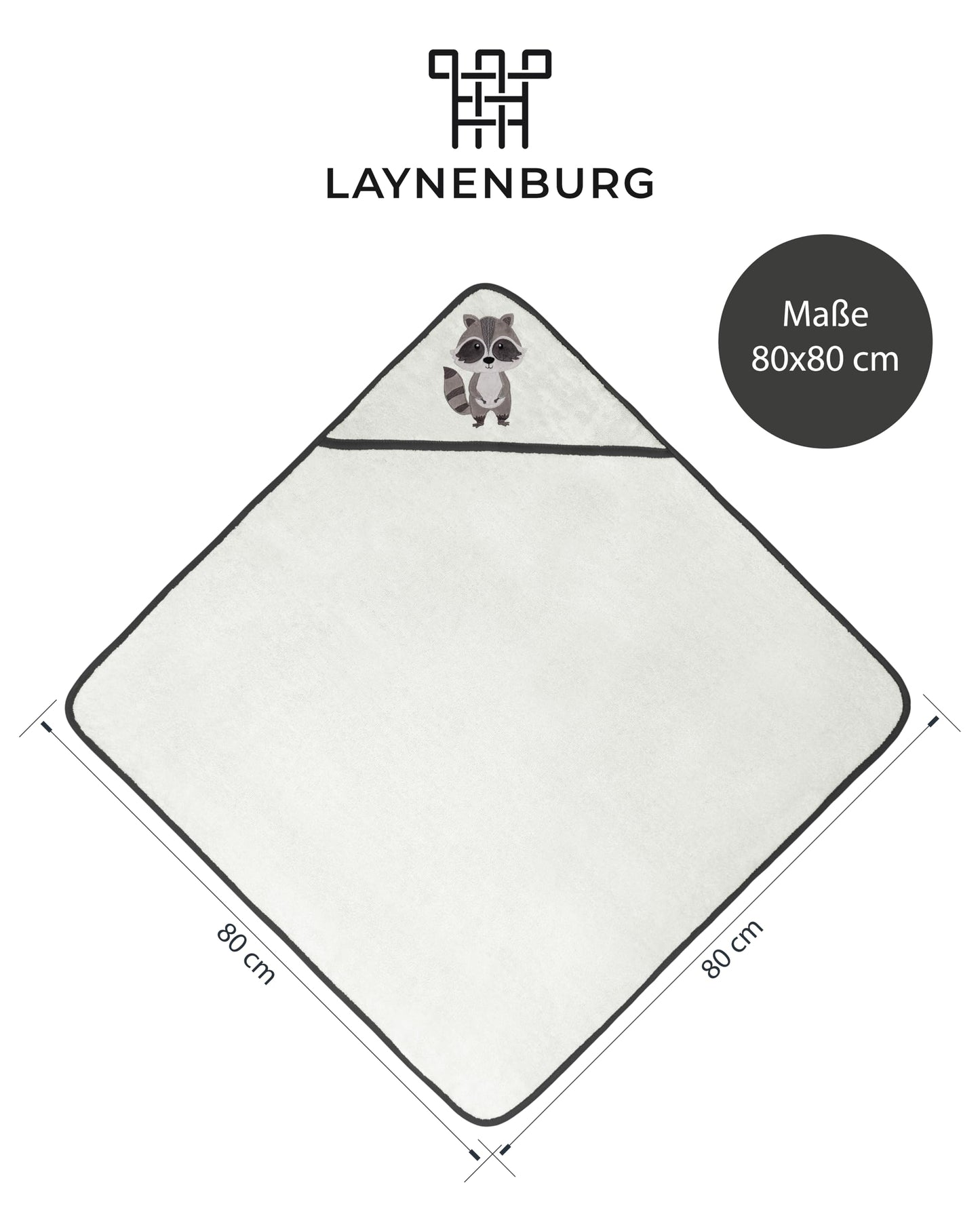 LAYNENBURG Premium Kapuzenhandtuch Baby - Badehandtuch aus 100% Baumwolle - Oeko TEX - Handtuch mit Kapuze für Neugeborene & Kinder - Badetuch, Babyhandtuch Mädchen, Jungen (Waschbär 80 x 80cm)