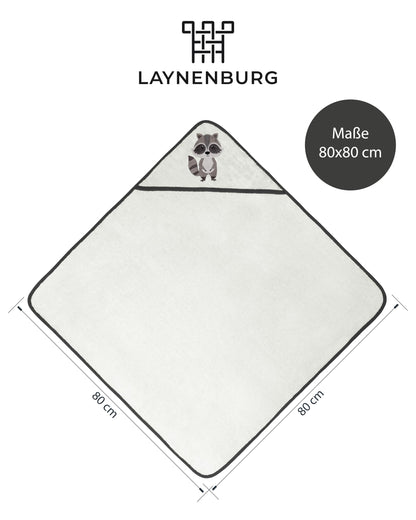 LAYNENBURG Premium Kapuzenhandtuch Baby - Badehandtuch aus 100% Baumwolle - Oeko TEX - Handtuch mit Kapuze für Neugeborene & Kinder - Badetuch, Babyhandtuch Mädchen, Jungen (Waschbär 80 x 80cm)