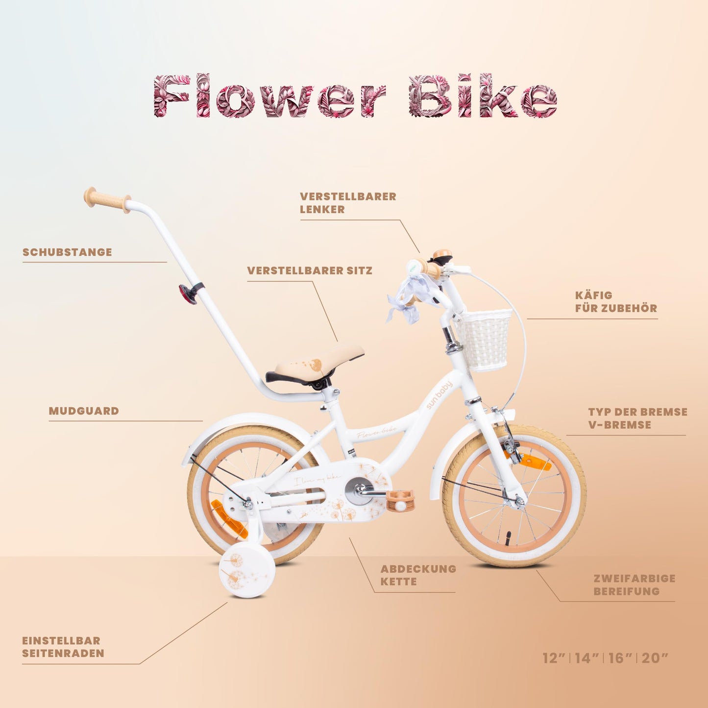 sun baby Mädchenfahrrad Flower Bike Radgröße zur Auswahl, mit Abnehmbarer Schubstange, Kinderfahrrad für Mädchen von 2 bis 6 Jahre