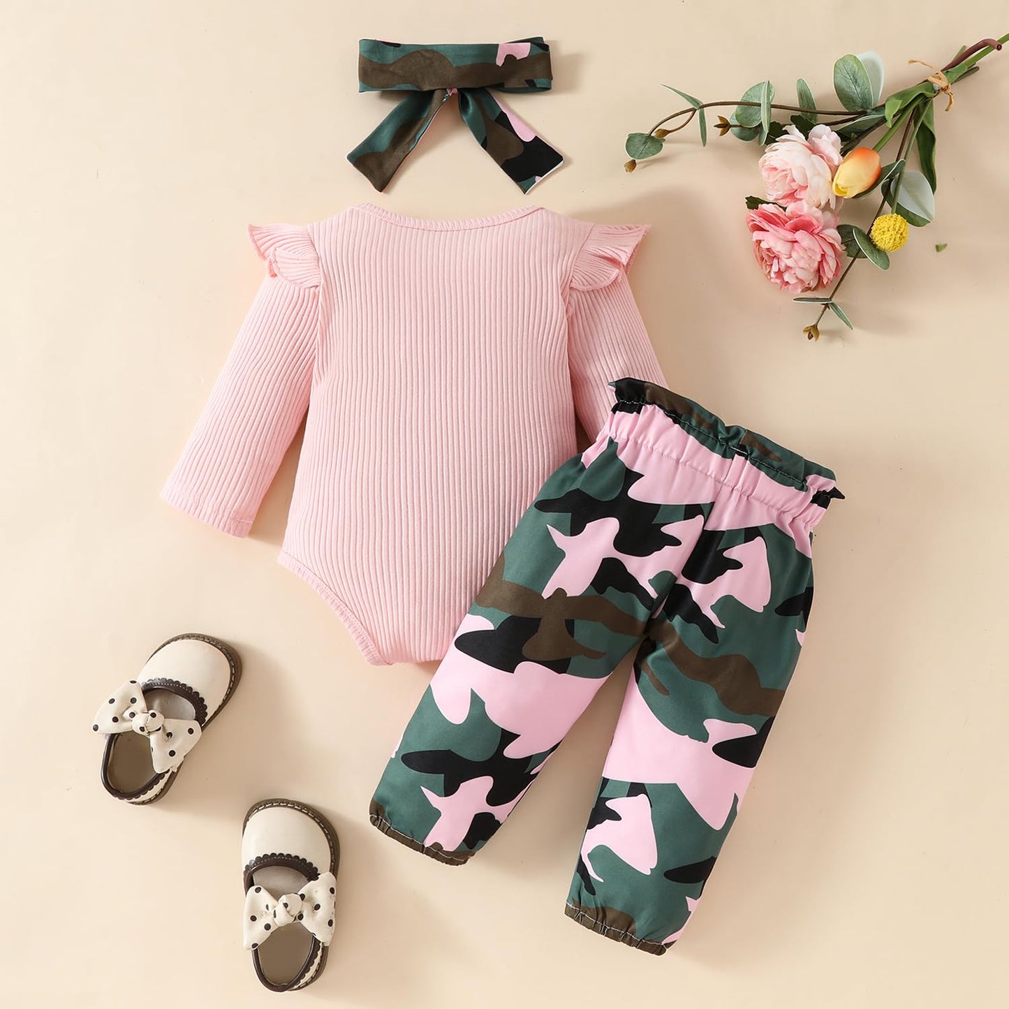 Neugeborenes Baby Mädchen Kleidung Kleinkind Gerippte Rüschen Langarm Strampler + Floral Hosen + Stirnband Nette Herbst Outfit Set