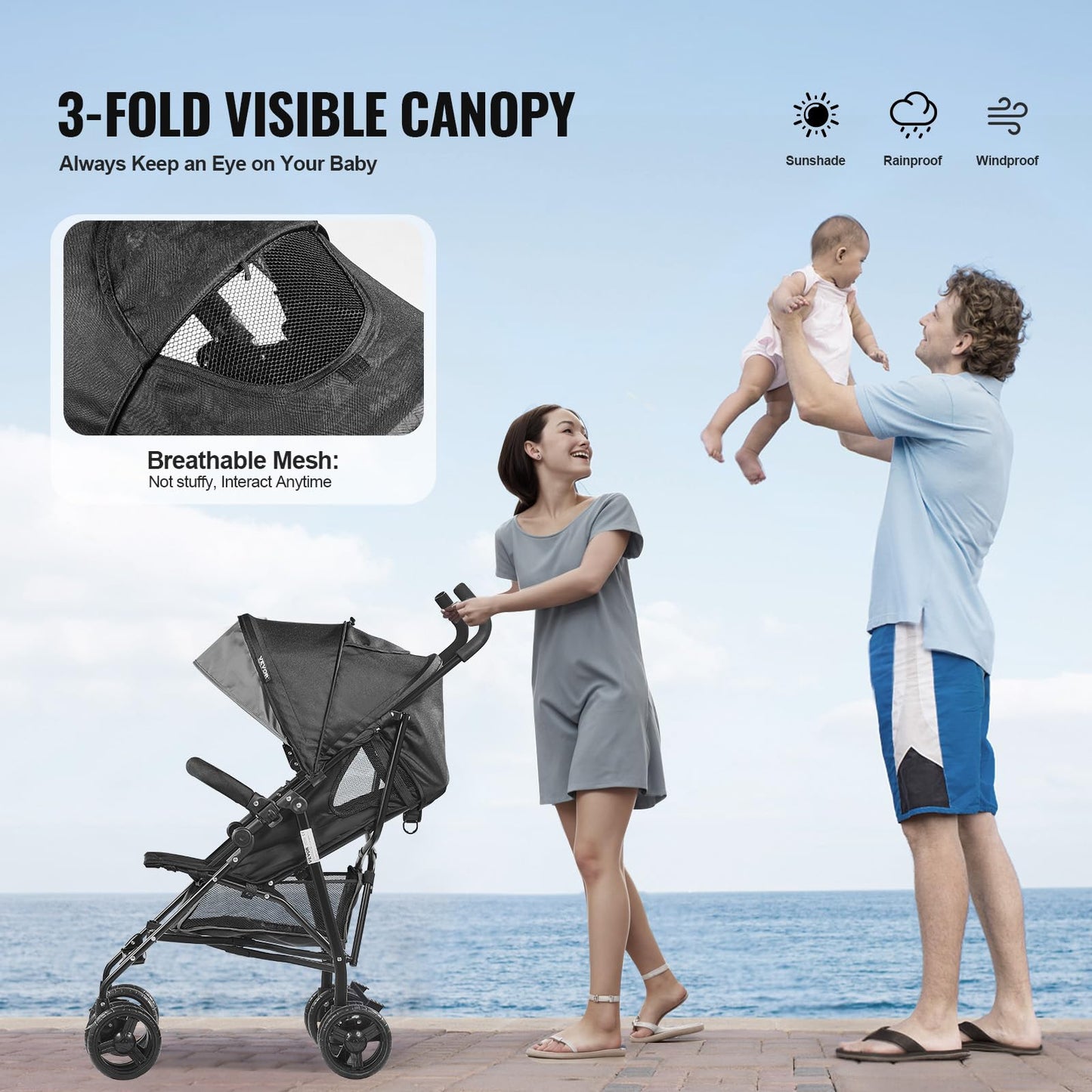 VEVOR Leichter Kinderwagen, kompakt, einfach zusammenklappbar, mit verstellbarer Rückenlehne, Rahmen aus Karbonstahl, großem Aufbewahrungskorb, Kinderwagen mit Schirm für Reisen und mehr, Schwarz/Weiß - Meloni2